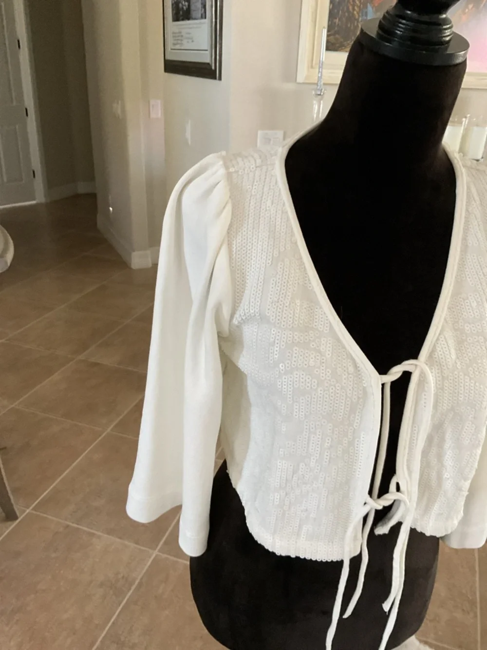 Anthropologie sequin top, front tie, white, size small